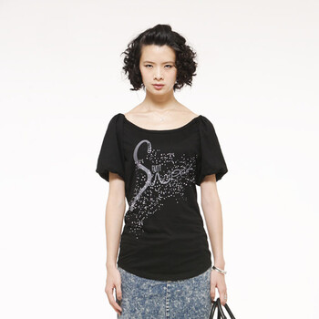 夏装2012新款 Gecom 女款 水钻字母印花甜美泡泡袖大领口圆领T恤 01030052 黑色 XL