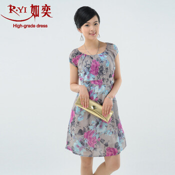 如奕正品 夏款唯美 雪纺短袖修身连衣裙 浅灰色 S