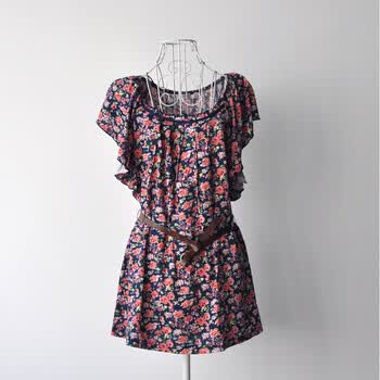 太阳谷 2012时尚新品 蝴蝶袖圆领花色中长款衬衫 女装 送腰带 花色 XL