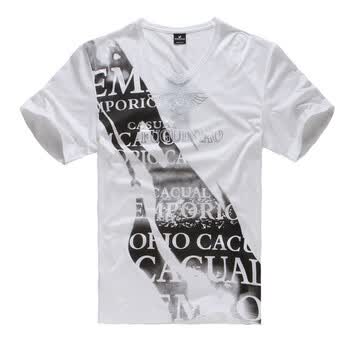 富贵鸟 男装 夏季新款时尚休闲短袖V领T恤51762072 白色70 190(XXXXL)