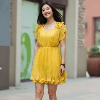 妮蕾迪 2012夏新款优雅甜美花朵装饰修身百褶裙6618 黄色 XXL