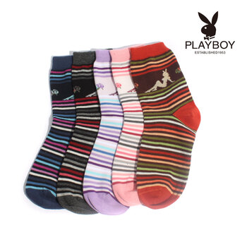 PLAYBOY 花花公子 精梳棉时尚休闲条纹中筒袜女士袜子2216 5双装（颜色随机） 混色 均码