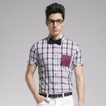夏季新品 GXG 男士时尚格纹短袖衬衫 #12123158 暗红 XXL