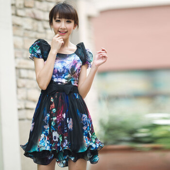 妮蕾迪 2012夏新款优雅甜美亮钻蝴蝶结装饰印花百褶连衣裙1808 蓝色 XXL