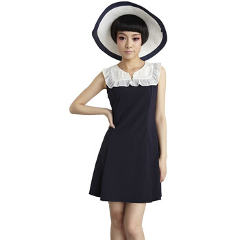 蒂蒂卡娜/TT.COLOR 2012夏季新款连衣裙 时尚简约修身撞色荷叶边裙子 S199 藏青 L
