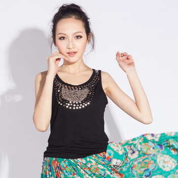 特尚莱菲 2012夏季新款女装韩版弹力棉金属圆领修身背心FHY5116 黑色 L