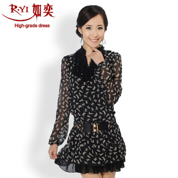 如奕 2012新衬衫领收腰设计修身雪纺连衣裙 黑色 XL