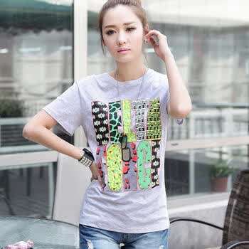 韩都衣舍 韩国2012夏装新款女装圆领常规袖字母印花T恤DO2027 灰色 M