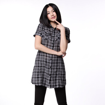 azona阿桑娜 a02女装 大方格短袖休闲衬衫|D1L0B9181BL 黑色(花布) L