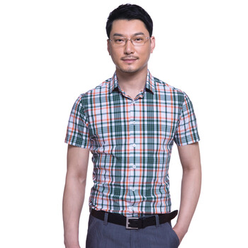 davehill 大卫山 男士商务短袖衬衫 格子t恤纯棉 成熟精品男装DH0923FS03 绿色GE 54