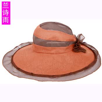 兰诗雨帽子 草帽 大沿帽 遮阳帽 女士 蕾丝花朵帽子M290043 砖红色 均码