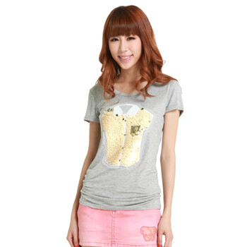 洛熙2012春夏新款女装圆领短袖珠片图案T恤T126094 灰色 均码