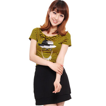 ranzukiy 短袖t恤 2012夏装新款女装 韩版夏季打底条纹堆堆领礼帽 黄色 L