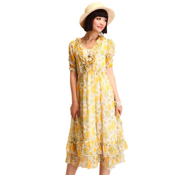 时尚团 深V领波西米亚印花拼接蕾丝中长款淑女连衣裙 07232 桔黄色 均码