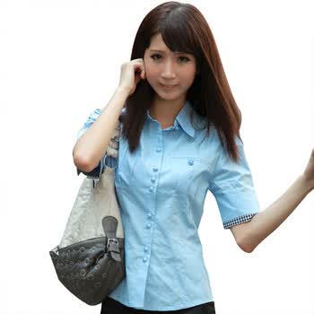 意而义 2012韩版翻领OL时尚短袖衬衫淑女格子插色泡泡袖女式衬衫901 蓝色 XL