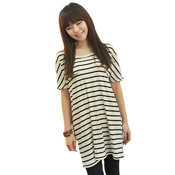 天空岛 韩国夏季新款女大码横条纹长款T恤编号T1120504J 白色 XL