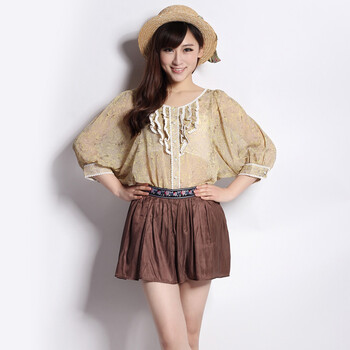 SHOPING PLAN 2012新款夏装小碎花蕾丝雪纺衫 中袖雪纺上衣 29002 黄色 M