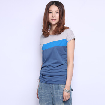 初念 2012 夏季 新款 百搭圆领条纹撞色棉质 抽绳 短袖T恤 女 蓝色拼 XL/175
