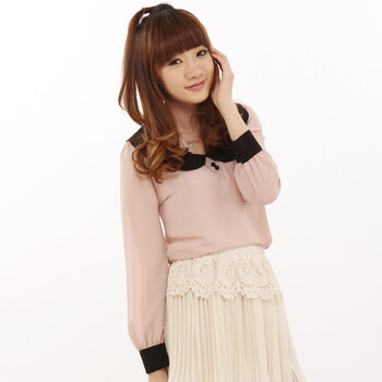 [dollyqueen]2012韩国春夏新款复古翻领雪纺长袖衬衫DQBL120301063 肤色 均码