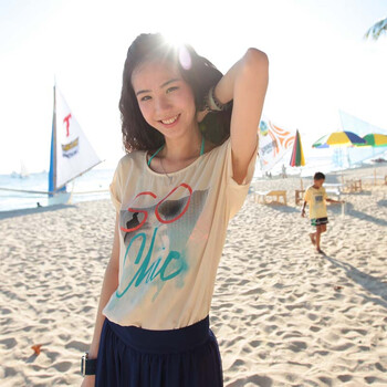 as安都女装欧美印花雪纺圆领短袖T恤 9211252 杏色 L