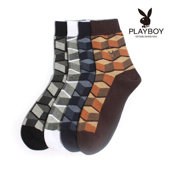 PLAYBOY 花花公子 精梳纯棉菱形格子休闲短筒男袜透气保健袜子2147 白色 均码
