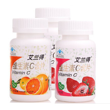 艾兰得 维生素C含片 0.65g*120片*1瓶 （2瓶草莓味+1瓶桔子味）套装