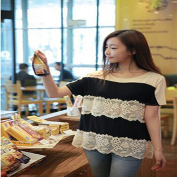 SOOBEST2012韩国女装新款甜美拼接花网纯棉休闲百搭上衣蝙蝠袖T恤 卡其色 均码