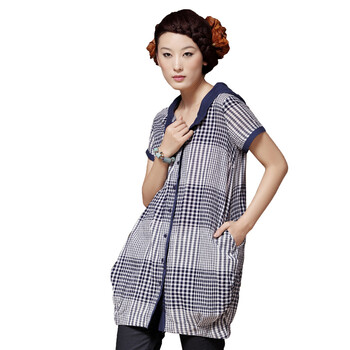 茵曼Inman2012新款正品 长款衬衣 女装格子 衬衫OP50035 宝蓝格 XL