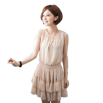乔伊思2012夏装新款韩版女装修身收腰大摆无袖雪纺连衣裙 7791 米色 XL