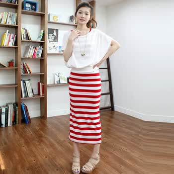 韩都衣舍 韩国2012夏装新款女连衣裙条纹两件套连衣裙EV1847 红色 M