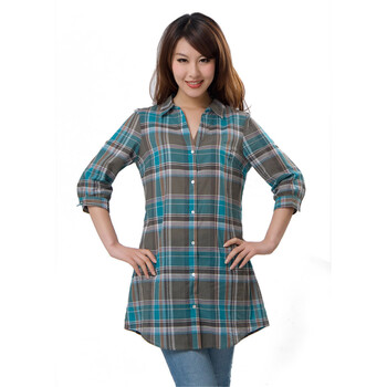 怡致VISZS 女式 韩版翻领全棉短袖格子衬衫 墨绿格 XL(39)