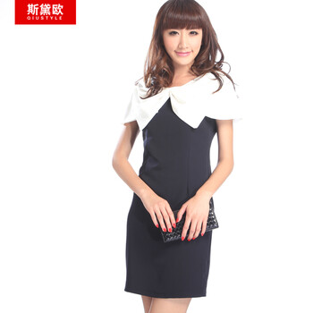 qiustyle新款夏装淑女修身圆领拼接显瘦气质连衣裙1282 魅力黑 XL