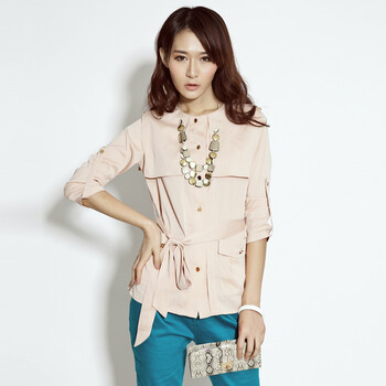 蔓可翡2012春夏女装中袖裸色修身两色休闲衬衫MD2W01 杏色 M 浅杏色