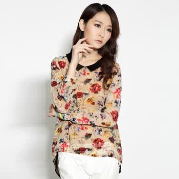 蔓可翡2012春夏田园风碎花气质 娃娃领梭织雪纺上衣MD1S02 黑色 M