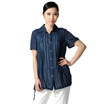 应大女装 2012春夏新款蕾丝纽扣女衬衣短袖衬衫 蓝色 170/100B