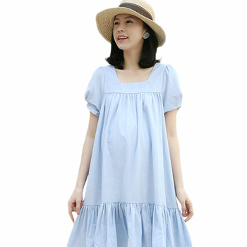 煜婴坊 夏季孕妇装 韩版荷叶摆全棉孕妇裙 短袖连衣裙 湖蓝色 均码