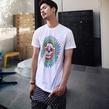 时尚起义 韩国骷髅向日葵图案T恤 男587844 乳白色 one