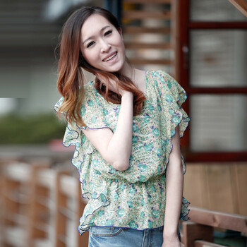 韩都衣舍 韩国2012夏装新款韩版女时尚荷叶边袖雪纺衫NN2297L01 绿色 L