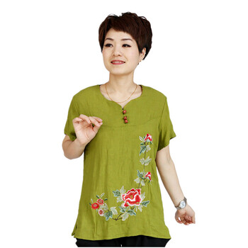 蕾曦 中老年女装夏装 绣花纯棉透气短袖T恤新品上衣妈妈装 SQB梦迪娜 嫩绿 XXXL