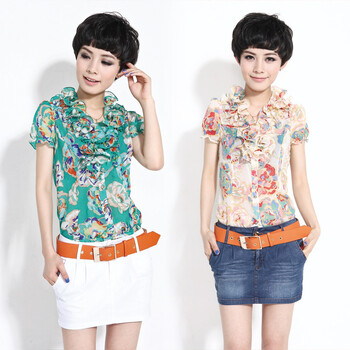韩宿 2012夏装新款女装韩版荷叶领短袖雪纺衬衫12-1250 黄色 XXL