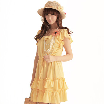 shinena/夏娜 夏娜春装2012新款韩版女装黄色 浪漫沙滩裙 荷叶边修身连衣裙 1385 黄色 M