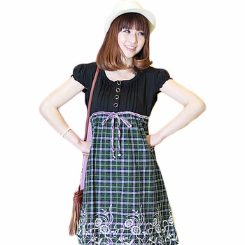 煜婴坊 夏季韩版格子绣花高腰孕妇裙
