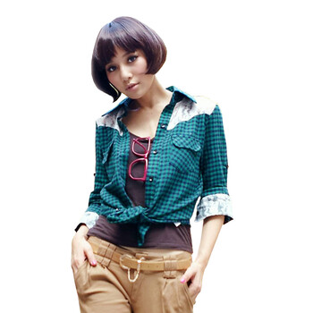 奈叶女装2012夏装新款蕾丝韩版长袖格子衬衫0153 蓝色 L