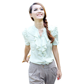 奈叶女装 2012夏装新款韩版荷叶边OL通勤短袖衬衫2150 浅绿色 L