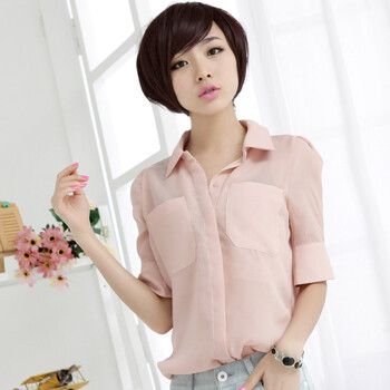 韩都衣舍 韩国2012夏装新款韩版女泡泡袖纯色短袖衬衫GW1928 粉色 M