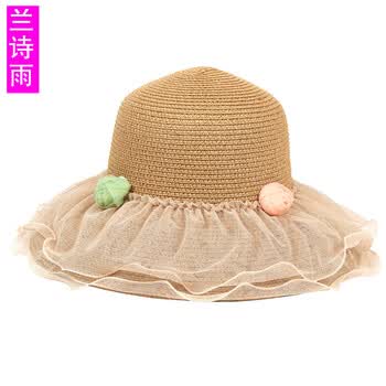 兰诗雨 女士圆顶帽子大沿草帽遮阳帽沙滩 韩版蕾丝花朵太阳帽夏天M290033 褐色 均码