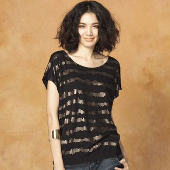 麦考林Collection 女装 非洲印象抽象条纹T恤 多色可选 A126203 黑色70 XL