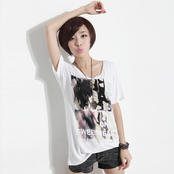 韩都衣舍 韩国2012夏装新款女装显瘦圆领印花短袖T恤YK1462 白色 M