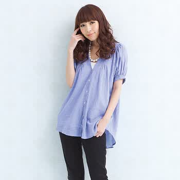 麦考林EUROMODA 女装 ELSA欧美风麻棉V领长衬衫 多色可选 SF125481 湖蓝32 L