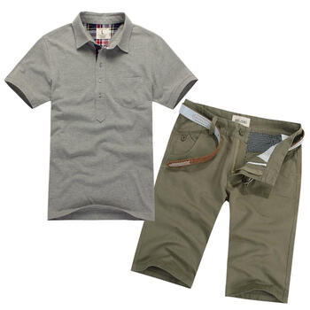 零号男 简约格纹领POLO衫+军旅几何分割休闲短裤 FD038+DD009 灰+军绿 XXL+34